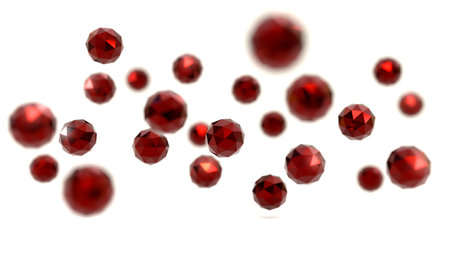 Abstract 3d rendering of red chaotic low poly particles. Flying polygonal spheres in empty space. Futuristic white background with bokeh effect. Poster design.の写真素材