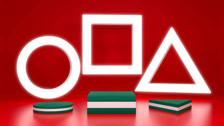 Green podium stand with round, square, triangular and lights box round, square, triangular on a red background. 3D rendering.の写真素材