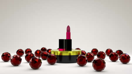 Pink lipstick on a gold and black podium with red crystal balls on a white background. 3d rendering.の写真素材