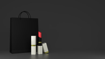 Pink lipstick, white color and gold border and black paper bag on black background. Black friday. beauty cosmetics. 3D rendering.の写真素材