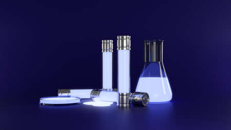 Chemistry concept. Laboratory glass bottle with blue tube liquid on blue background. 3d rendering.の写真素材