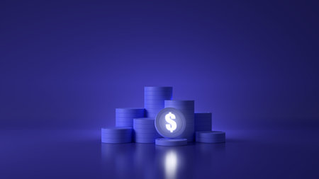 3D blue coins stack on blue background, 3D coins icon for web banner, and mobile application icon. 3D rendering.の写真素材