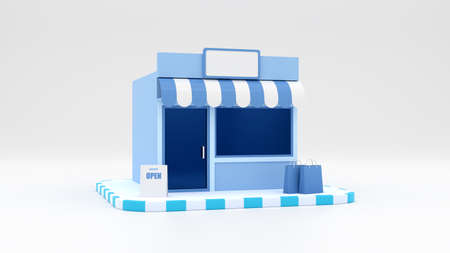 Little shop. Store building with hopping bags and sign on white background. 3d rendering.の写真素材