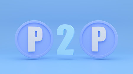 Blue coins with letter P in white and number 2 in blue on a blue background. P2P or Peer to Peer...
