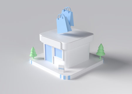 3D minimal shop with paper bags, Blue paster shop on white background. 3d render.の写真素材