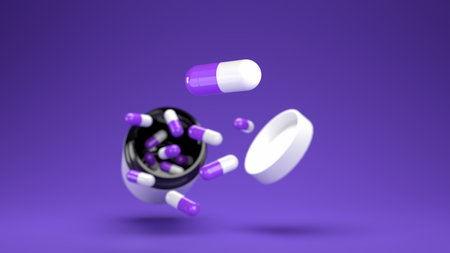 Capsule blue and white color pill was out of black pill glass bottle on blue background. Depth of field Focus on capsule. 3D render.の写真素材