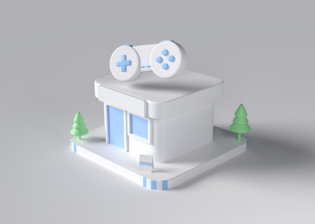 3D minimal game store, Blue pastel shop with joy stick on white background. 3d render.の写真素材
