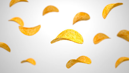 3d render. Flying crispy potato chips on white background. Depth of field Focus.