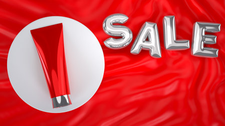 3d render. top view of the red facial foam tube podium for product showcase with silver balloon text " SALE" on red satin fabrics.の写真素材