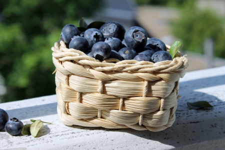 blueberries in a woven straw basketの写真素材