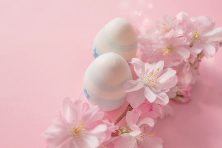 Close up of easter eggs and cherry flowers on a pink background with bokeh and copy space.の写真素材