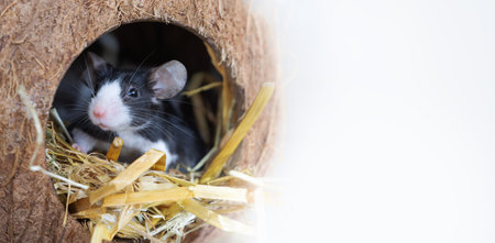 Fancy mouse. Coconut house for pets. Close-up black and white mouse in a house with straw on a white background with copy space.の写真素材