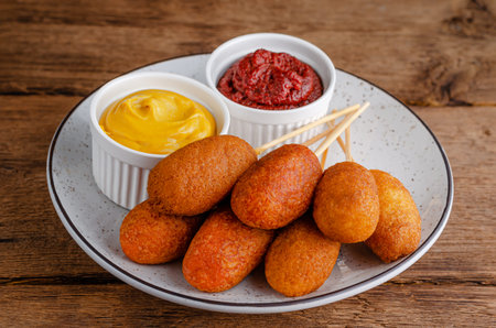 American street food concept. Corn dogs with mustard and ketchup on wooden background.