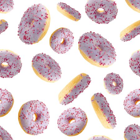 Seamless pattern with purple donuts on white. Packaging, textile print and wallpaper background.の写真素材