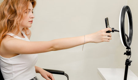 Female freelancer blogging at home with smartphone and ring light