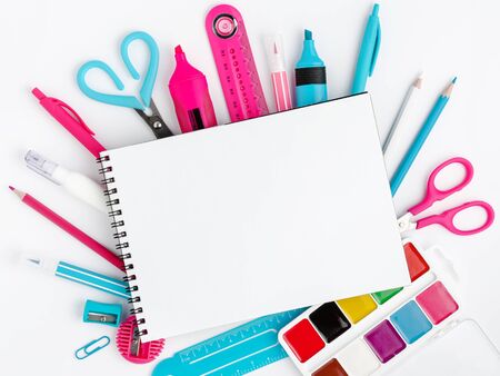 Colorful school supplies, notebook white blank mockup. Education conceptの写真素材