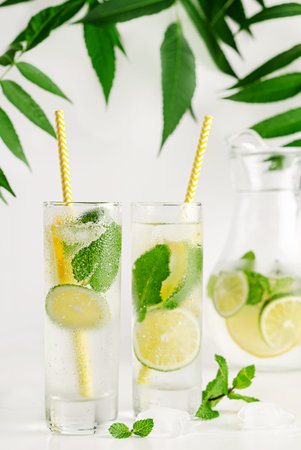 Cocktail with soda, mint lime and lemon. Refreshing summer drink concept.