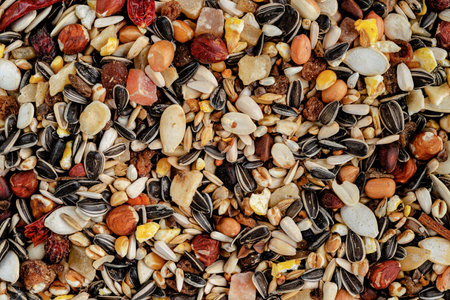 Parrot fodder background of dried fruits, nuts and seed mix. Healthy food for pets.の写真素材