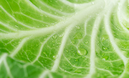 Natural food background. Macro shot of cabbage leaf with drops of water