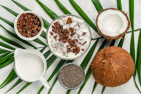 Vegan granola bowl on coconut milk with chia. Superfoods concept.の写真素材