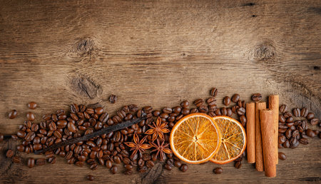 Coffee beans with ingredients on wooden background. Flat lay, copy spaceの写真素材
