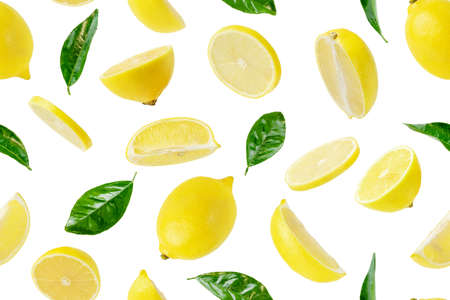 Seamless pattern of lemons and leaves on white background.の写真素材
