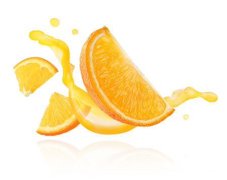 Orange slices floating over juice splashing wave isolated on white background.