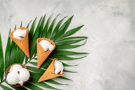 Coconut ice creams on palm leaf with copy space. summer background
