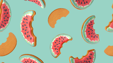 Seamless pattern of gingerbread cookies in the shape of watermelon on mint background.
