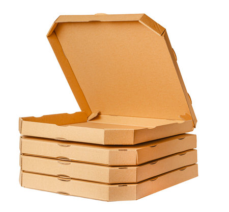 Open pizza box isolated on white background.
