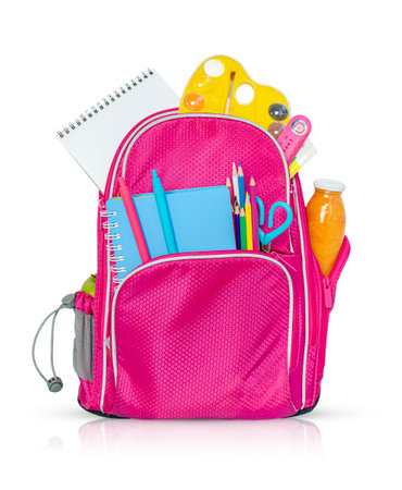 Pink backpack with school supplies isolated on white background.の写真素材