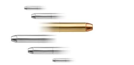Golden bullet flying to the opposite side from the silver ones. Goal destination concept.