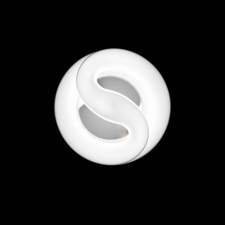 On fluorescent light bulb on isolated black background. View bottom.の写真素材