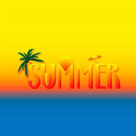 Creative summer text with different summer design elements. Palm tree, sun, umbrella, beach on creative vector background template.のイラスト素材