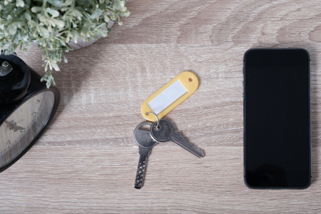 Top view blank tag and keys with blank screen smartphone, mobile security conceptの写真素材
