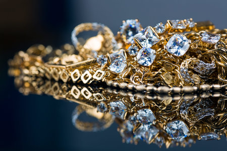 jewelry, gold, precious stones on black background