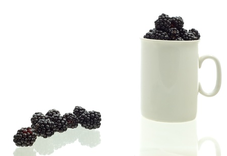 white cup full of blackberries on a white backgroundの写真素材