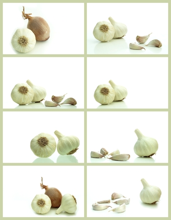Collage garlic and onion on a white backgroundの写真素材