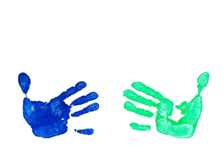 Detail imprint blue and green hand on a white backgroundの写真素材