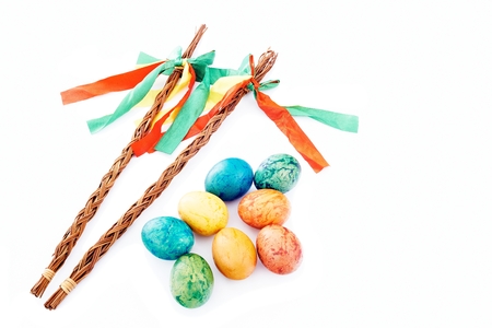 Czech rod with Easter eggs on white backgroundの写真素材