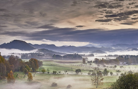 Autumn morning hilly landscape with fog