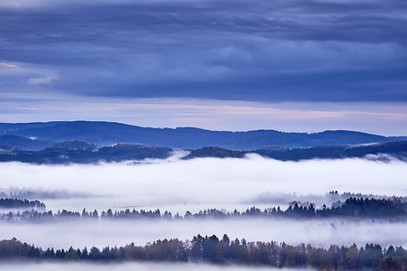 Autumn morning hilly landscape with fogの写真素材