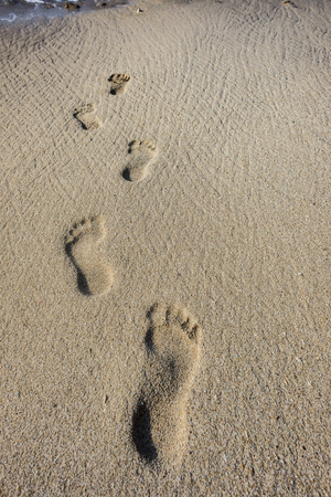Human footprints in the sand on the sea beachの写真素材