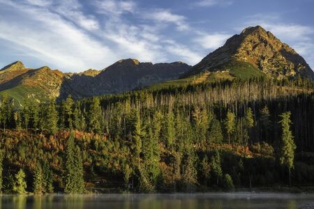 View of lake Strbske pleso with High Tatras in the background from Slovakiaの写真素材
