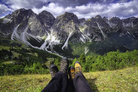 View from the mountain saddle Kreuzjoch the mountains of the Tyrolean Alps in Austriaの写真素材