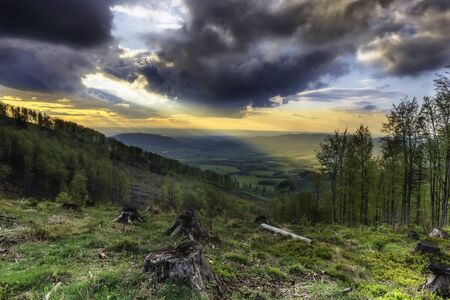 View of the foothill spring landscape at sunsetの写真素材