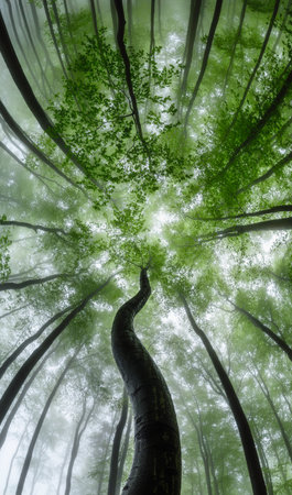 View of into the crown of spring beech trees