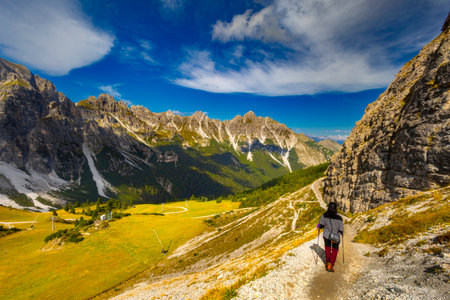 View of mountain alpine landscape from Austria on a sunny dayの写真素材