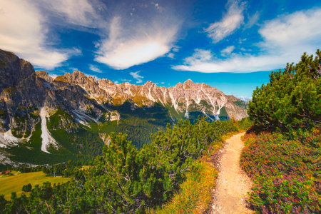 View of mountain alpine landscape from Austria on a sunny dayの写真素材