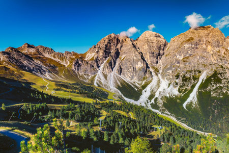 View of mountain alpine landscape from Austria on a sunny dayの写真素材